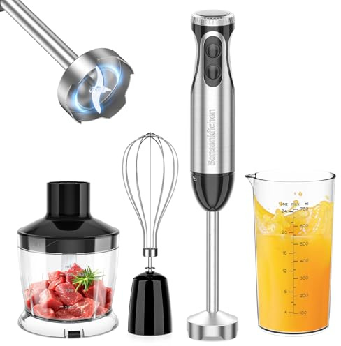 Bonsenkitchen 1000W 4-in-1 Hand Blender Set, Stainless Steel Stick Blender | 20-Speed & Turbo, Whisk, 500ml Chopper, 700ml Cup, BPA-Free, 4 Blades, Ideal for Baby Food, Soups, Sauces, Easy to clean