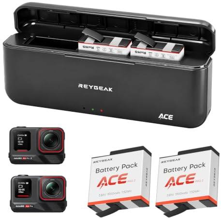 REYGEAK Caricatore per batteria insta360 ACE pro/pro2-2 batterie di ricambio da 1900 mAh con caricatore a 3 scomparti, soluzione di ricarica portatile per action camere