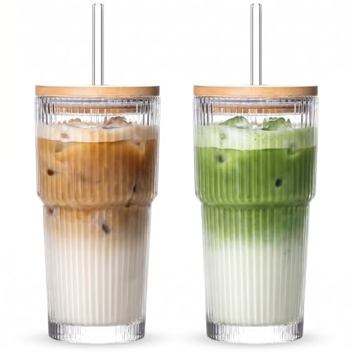 zxevg Iced Coffee Cup 2 Pack 600ml Wooden Lid Floral | Glass tumbler with wooden leakproof lid & straw for iced coffee, matcha & smoothies. Reusable, home & travel friendly.