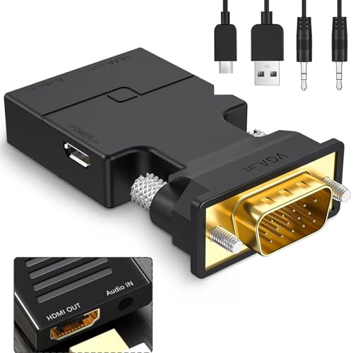 GERUI Adattatore VGA a HDMI con audio, VGA maschio a HDMI femmina convertitore per vecchio PC a TV monitor, 1080p VGA maschio a HDMI femmina Convertitore per laptop anziani