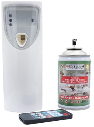 EXCELLIUM PROFESSIONNEL Kit Diffuseur Automatique Insecticide 250 ml | Programmable, télécommande incluse, pyrèthre, volants et rampants, jusqu'à 2500 pulvérisations, environ 3 mois, 30 m²