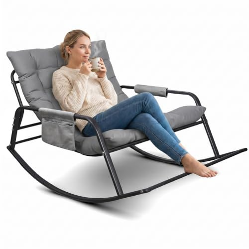 Plasaig Fauteuil a Bascule d'Intérieur et d'Extérieur, Charge 150kg Chaise a Bascule Surdimensionnée, Rocking Chair Coussin Confortable Utilisation Intérieur/Extérieur pour Salon, Jardin (Gris)