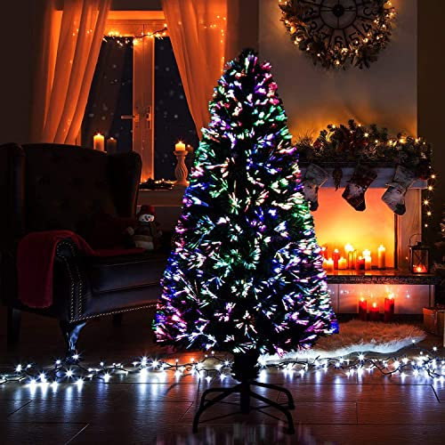 SHATCHI 2Ft/60cm Fibre Optic Christmas Multicolour Changing LED Decorations-Pre-Lit Green Artificial Xmas Tree Colourful Lights, PVC, 60 cm