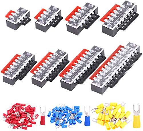 Hilitchi 124 Pcs (8 Sets) Terminal Block in Total, 600V 15A Dual Row Screw Terminals Strip with Cover, Pre-Insulated Terminal Barrier Jumper Strips Black Red and Bonus 100pcs Spade Fork Wire Connector