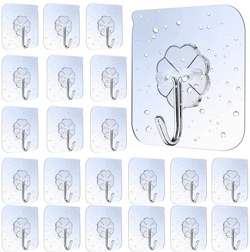 Lamondre 30 Pcs Sticky Hooks for Hanging, Transparent Self Adhesive Hooks for Wall, Bathroom, Kitchen