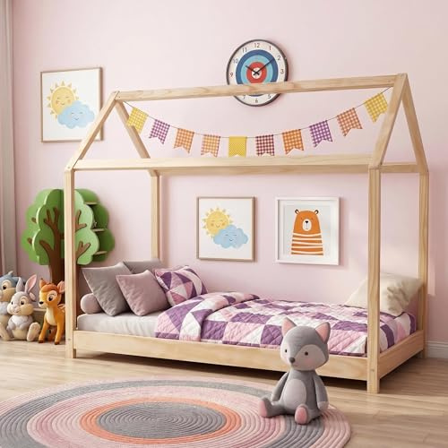 Panana Wooden Kids House Bed Frame, Solid Pine WoodTreehouse Style Childrens Floor Bed Frame for Toddlers and Children (Wood)