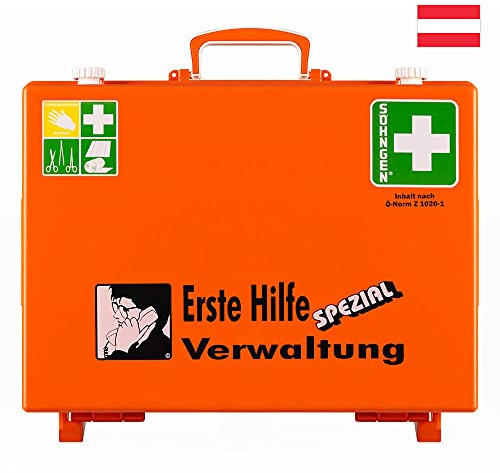 SÖHNGEN Erste-Hilfe-Koffer Verwaltung, Wandhalterung, orange, ÖNORM Z 1020 Typ 1 aus Kunststoff, Art.-Nr. 390210 | Verbandskasten | Notfallkoffer | Erste Hilfe Kasten