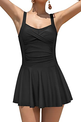 SHEKINI Damen Einteiliger Badeanzug Retro Badeanzugkleid Elegant Schwimmkleid Ruched Bauchweg Badekleid Große Größe Schwimmrock für Frauen