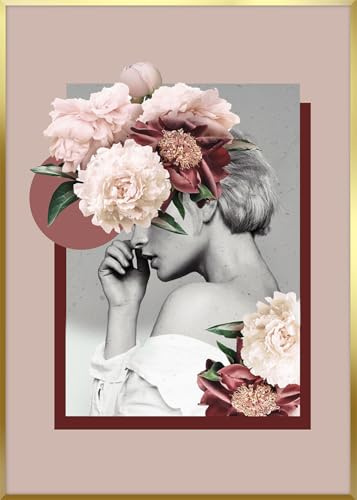 STYLER Gerahmtes Bild B & W Girl 50 x 70 cm I Artbox goldener Rahmen Frau gold Blumen rosa modern Bouquet schwarzweiss Wandbild Wohnzimmer Schlafzimmer Wanddeko Home Kunstdruck mit