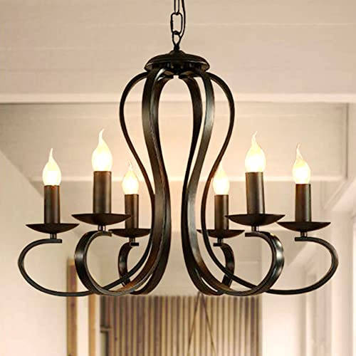 Lfoute Antik Kronleuchter Kerze Hängende Lampe Vintage Eisen Pendellampe Französischer Landhausstil Für Restaurant Kücheninsel Esszimmer Schlafzimmer Foyer Rustikale Pendelleuchte 6 Heads,Schwarz