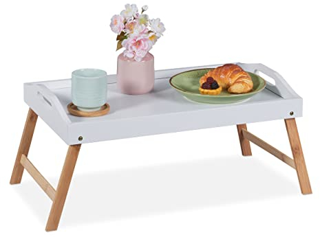 Relaxdays Betttablett klappbar, Essenstablett mit Füßen, Frühstück im Bett, Bambus & MDF, HBT: 24x55,5x30 cm, weiß/Natur