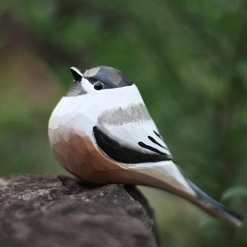 Hand Carved Wooden Black-Capped Chickadee Bird Figurine Wood Bird Statue for Home Decor