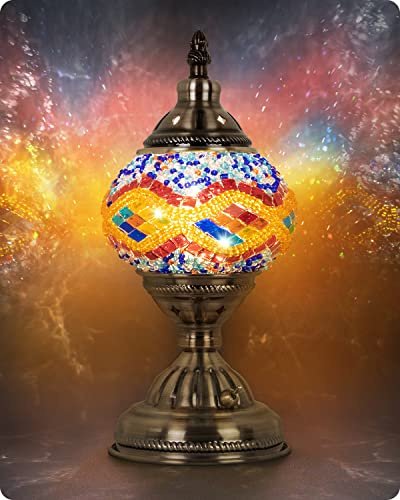 Yarra-Decor Turkish Moroccan Lamp with Bronze Base Handmade Tiffany Mosaic Glass Lamps Portable Bedside Lamps with Rechargeable Battery 2000mAh (LED Bulb Included) (Orange2)