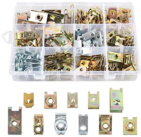 MaxAwe 150 Stk U-Typ Metall Clipmuttern, Universal Edelstahl Blechmutter mit Aufbewahrungsbox, Auto Befestigung Clips, Fasteners U-Muttern Befestigungsclips für Stoßstange