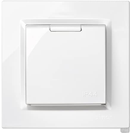 SIMON - Enchufe de Empotrar Schuko Monobloc, Serie Simon 10, 250V, 10 A, Enchufe de Pared Plano y Fino, Apto para Exterior, Incluye Marco, Tapa y Mecanismo, Base de Enchufe Hembra Color Blanco