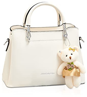 NICOLE & DORIS Handtasche Damen Klein Frauen Umhängetasche Satchel Handtasche Mode Schultertaschen PU Leder Mädchen Kuriertaschen Crossbody Bag Mini Henkeltasche mit Bär Anhänger Beige
