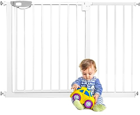 YARDIN Türschutzgitter Treppenschutzgitter ohne Bohren, 105-115cm Hundegitter Türgitter Absperrgitter Hund, Kinder Tür- & Treppengitter Doppelschloss, Auto-Close, Einhändiges Öffnen, 90° Stop, Weiß