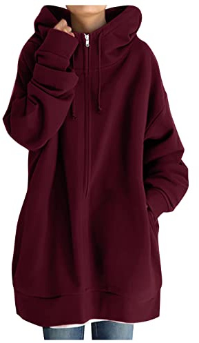 Veste longue en polaire pour femme - Grandes tailles - Sweat à capuche - Fermeture éclair - Surdimensionné - Loisirs - Sweat en peluche doublé - Automne - Hiver - Jakce avec capuche