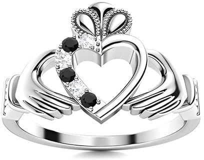 Black Spinel Round 2.00mm Claddagh Ring | Sterling Silver 925 With Rhodium Plated | Beautiful Design Claddagh Promise Ring (White, 60 (19.1))