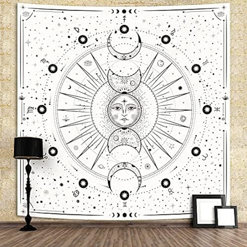 Arawat Tapisserie Phases de Lune Tapisserie blanche Tapisserie Lune Décoration murale Tapis psychédélique Tapisserie Gothique Tapisserie Trippy Tenture murale Décoration murale (150 x 130cm)