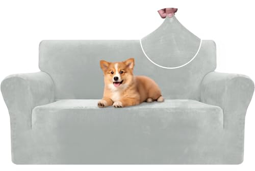 CYCMACO Samt Sofa Überzug 2 Sitzer, Sofabezug Elastische, Couch Überzug Haustier Katze Hunde, Universal Sofa Cover Moderne, Sofahusse Mit Armlehnen, Sofaschoner rutschfest, Silbergrau