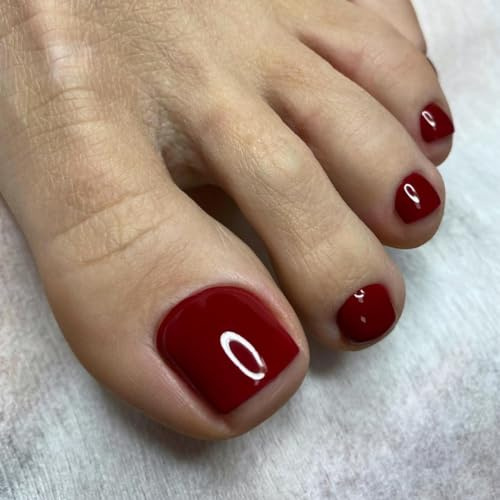 MouyouGlow 24 Stück Fake Zehennägel Fußnägel zum Aufkleben Kurz,Squared Burgundisch Rot Einfarbige Wine Red Künstlich Toe Nails Full Cover Fuß Press on Nails mit Kleber