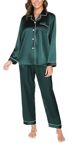 Reliwel Dampyjamas i Satin Pyjamas Dam Tvådelad Långärmad Pyjamasset Med Knappar Silke Mjuk V-ringning Öppen Framsida Och Byxor Sidoväskor, Grön, L