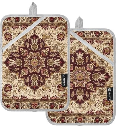 KLL Pot Holder for Kitchen, 2 Pack Heat Resistant Potholder with Pocket Hot Pot Holders Pads Oven Pads, 9.8x7 Vintage Boho Red Brown Bohemian
