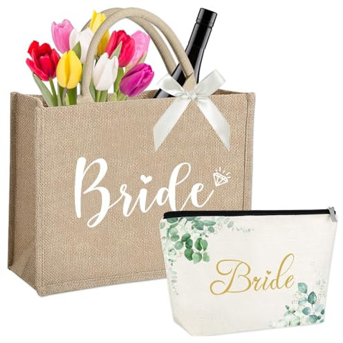 YANSYUN 2 Pcs Brauttasche Junggesellenabschied Frauen Jute Tote Bag, Jute Einkaufstasche Braut Kosmetiktasche JGA Frauen Accessoires Geschenk für Jga Hochzeit Brautparty Verlobung Flitterwochen