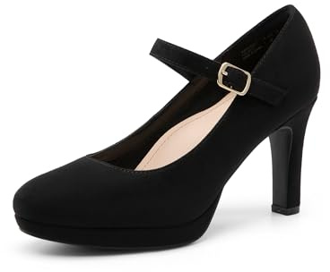 DREAM PAIRS Dam pumps nära tå klassiska högklackade rund tå bekväma låg-plattform Mary Jane-finskor, Svart-mocka, 37.5 EU