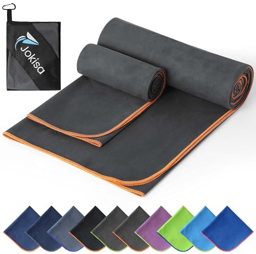Jokisa 2 Piezas Toalla Microfibra (180x90cm Toalla Piscina+100x50cm Toalla Gimnasio), Toalla Playa de Secado Rápido y sin Arena, para Fitness, Playa, Gimnasio, Camping (Gris Oscuro - Naranja)