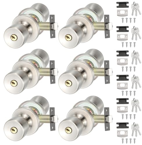 PATIKIL Key Entry Door Knobs Interior, 6 Pack Round Zinc Alloy Bedroom Bathroom Door Knob with Lock Entry Indoor Outdoor Door, Sanding Color