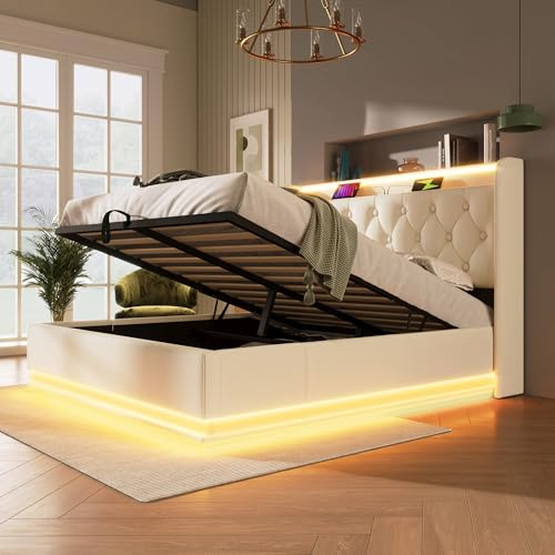 Kayan Polsterbett 140x200 cm, LED Doppelbett mit Stauraum und Lattenrost, Polster Kopfteil mit Regal und USB Typ-C Ladefunktion, Hydraulisch Stauraumbett Bettgestell (Weiß, 140x200cm)