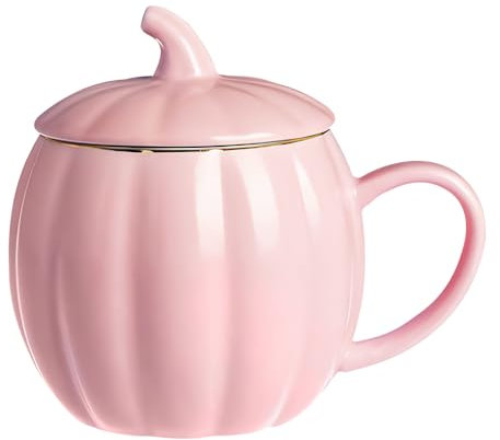 Herbst Deko Keramik Kaffeetasse mit Deckel - Kürbis Teetasse Milchtasse für Halloween und Herbstdeko (Rosa)