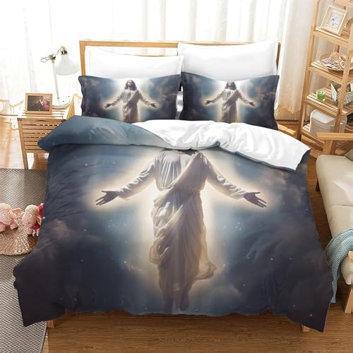 Lorolivier Jesus Set Di Biancheria Da Letto Stampato in 3D Con Federa, Fodera Per Piumino Da Con Chiusura A Cerniera, Microfibra Morbida Adatto A Bambini Adulti Super King（260x220cm）