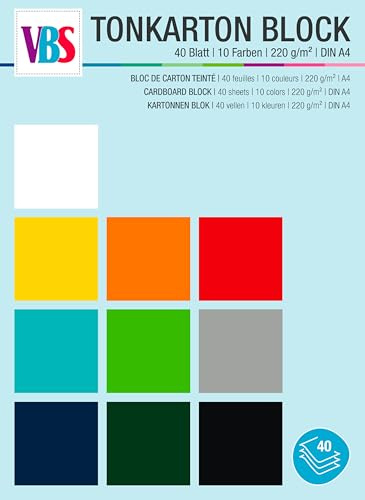 VBS XXL Tonkarton-Block, 40 Blatt, 220 g/m², DIN A4, ideal für Bastelarbeiten, Scrapbooking, Schulprojekte & kreative DIY Hobbys, 10 Farben Basic