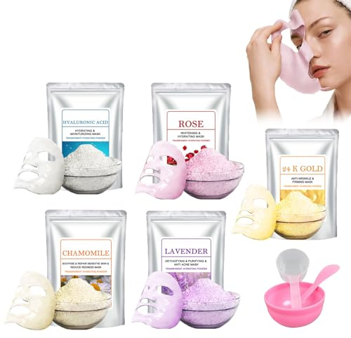 5 PCS Maskenpulver, Peel-Off Maske Mit Zubehör, Facial Mask Powder Professionell, Maskenpulver Für Feuchtigkeit, Straffung & Beruhigung, DIY Gesichtsmaske Für Spa Und Zuhause (B)