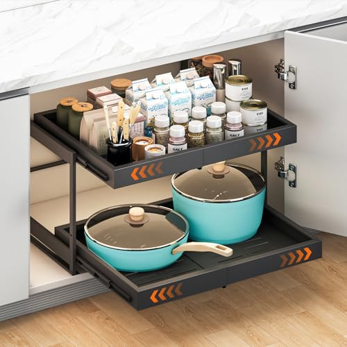 Xtsuen Ausziehbarer Schrank-Organizer mit 2 Ebenen, erweiterbare Schublade für Küchenschränke, 43,2 cm tiefe, robuste Ausziehregale für Töpfe, Pfannen, Küchen- und Vorratsaufbewahrung