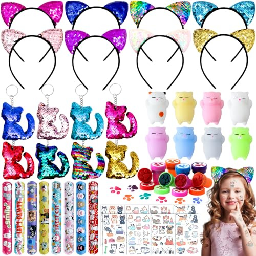 G.C Gatos Relleno Piñatas de Cumpleaños Infantil Niñas Detalles Para Cumpleaños Infantiles con Diadema Orejas Gato Llavero Pulseras Gato Regalos Invitados Cumpleaños para Fiesta Cumpleaños Infantil