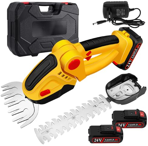 ROCKY&CHAO 24 V batería cortasetos y tijeras de césped 2 en 1 – Cortacésped inalámbrico con 2 baterías de 1500 mAh, cuchillas SK5 de 12 cm/23 cm, prácticas tijeras de césped para jardín y césped