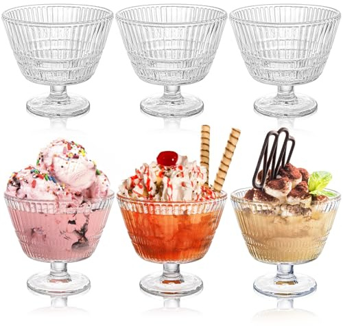 Nagpew 6 Pack Glass Dessert Bowls Set, 10 Oz Vintage Ice Cream Cups with Pedestal, Fluted Sundae Dishes Pudding Footed Bowl for Ice Cream, Dessert, Parfait, Candy, Fruit