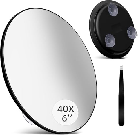 saiggnyy Large 6 40x Strong Powerful Magnifying Mirror with Tweezers, Travel Magnified Mirrors 40X with Suction Cups, High Magnification Round Magnification Make up Mirror Nearly 50x