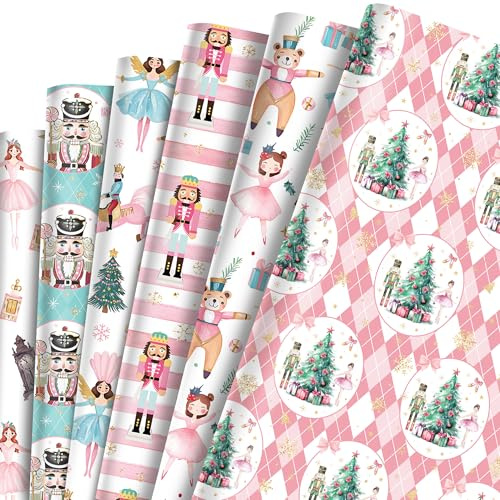 12 fogli di carta regalo schiaccianoci, 68 x 50 cm, design natalizio con ballerine, soldati schiaccianoci, balletto, orsi, fiocchi di neve e alberi, carta da regalo per regali di Natale, decorazioni