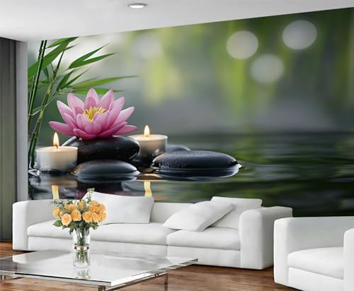 YXQAIED Zen Tapete Garten Meditation Schlafzimmer Tapete, Zen Schwarzer Stein Tapete für Wohnzimmer, nicht selbstklebende Bambusblätter und Lotus-Foto, 3D-Wandbilder und Raumdekoration, 390 x 260 cm