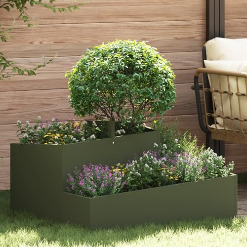 QJBSAVVA Fioriera da Esterno Grande in Acciaio Laminato a Freddo Verde Oliva 80x80x50 cm Rettangolare per Orto Rialzato Giardino e Balcone Design Moderno e Durevole
