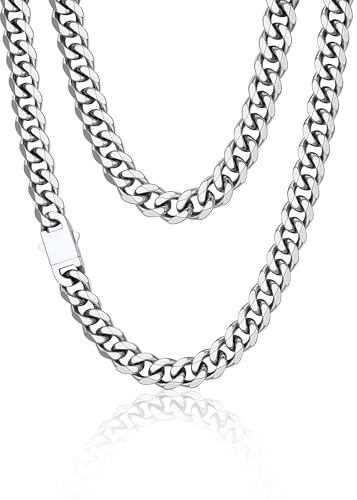 PROSTEEL Men Cuban Chain Necklace with Sturdy Clasp 6/9/12mm Width 18-30 Inch Length Chunky Necklace Silver/Gold Plated/Black 316L Stainless Steel Hip Hop Jewellery (Send Box)