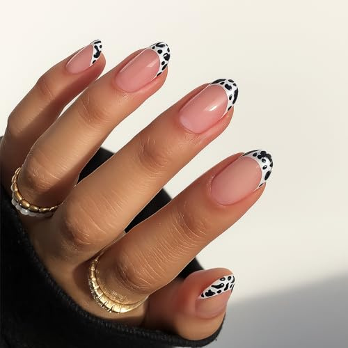 Black White Cow Print French Tip Press On Nails Short Almond Shape Fake Nails - 24Pcs False Natural Nude Base DIY Salon Stick On for Women Summer Handmade French Manicure Set