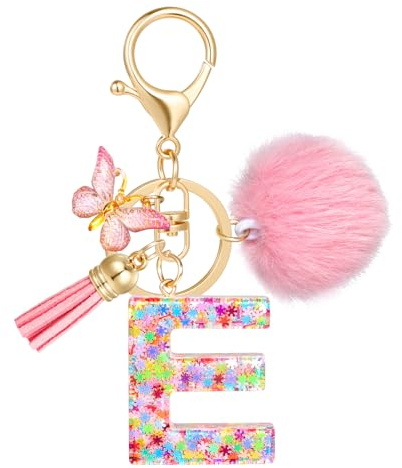 JSRQT Porte-clés Lettre Initiale Mignon, Porte-clés Alphabet Rose en Résine avec Frange Papillon, Pendentif Anneau à Clés à Paillettes Flocons pour Femmes Filles Charmes de Sac (E)