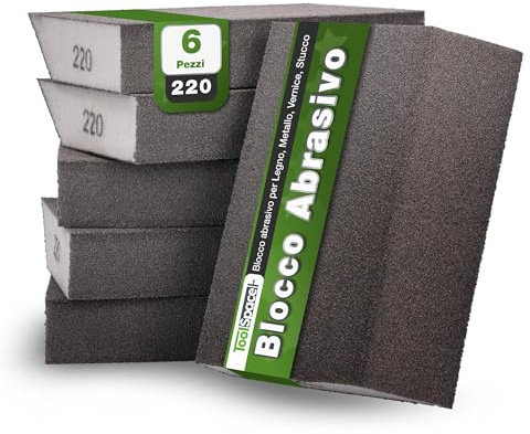 Set di 6 spugne abrasive, 6 diverse spugne abrasive, grana 220, lavabili, riutilizzabili, per lucidare vari materiali, metallo, acciaio, ToolSpace