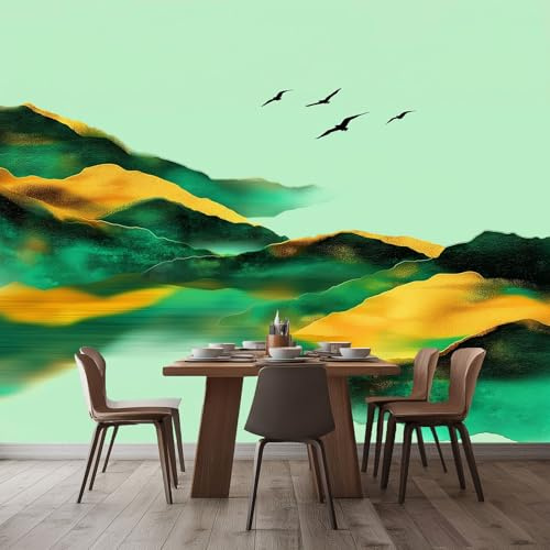 Fotomurales 3D Montañas Verdes Pájaros 250x175 cm Papel Pintado Fotográfico, Decoración De la Pared Murales para Salón, Dormitorio, Habitación para Niños, Pared de TV